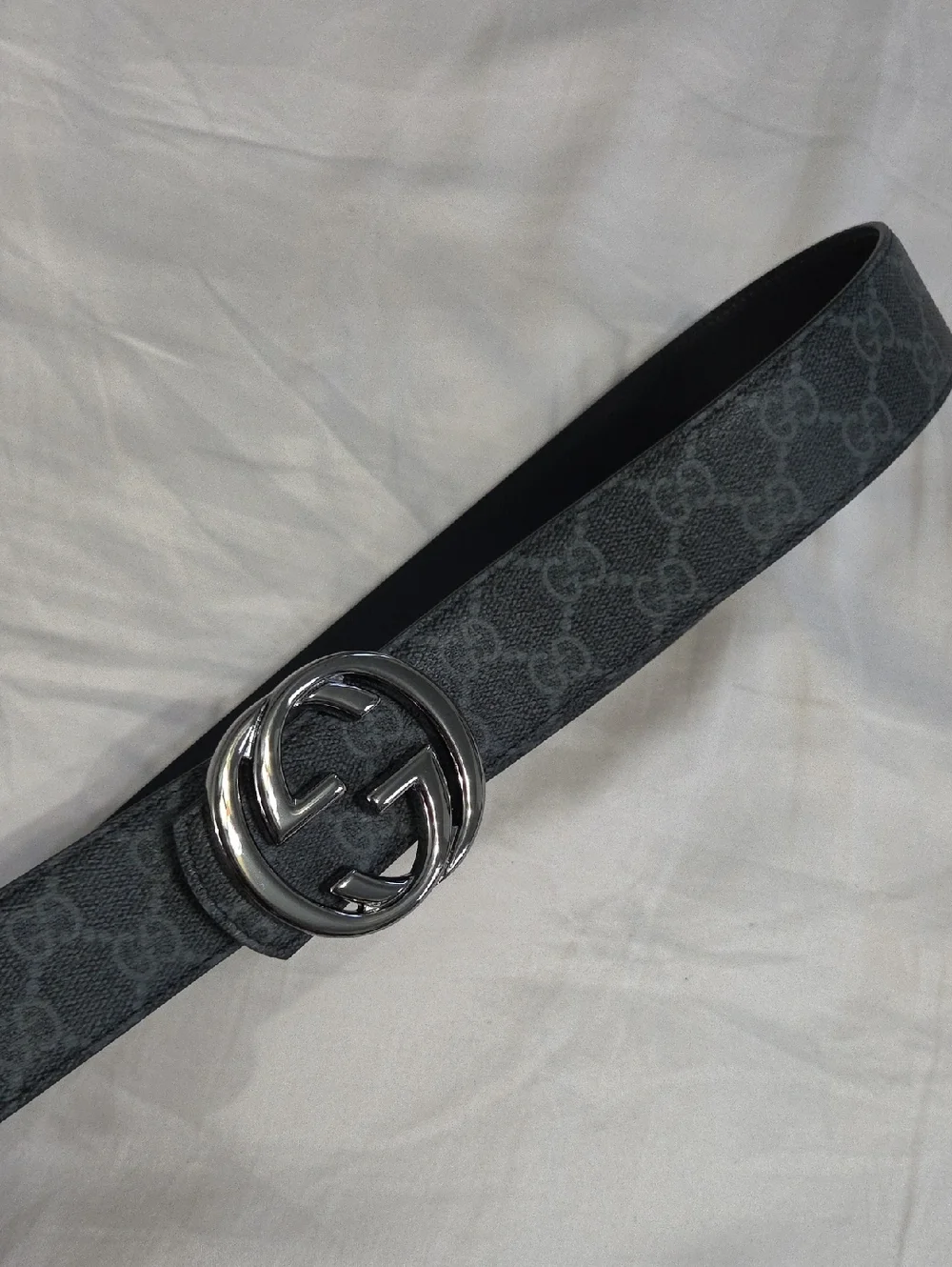 Gucci Reversible Gray Monogram GG Leather Belt with Silver Double G Buckle